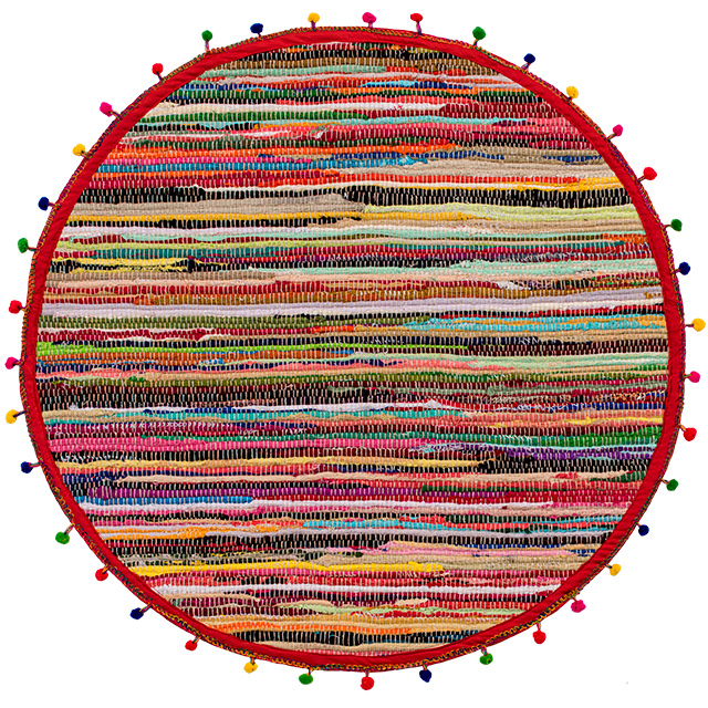 Round Pom Pom Recycled Rag Rug  70% Recycled Cotton 30% Polyester 90cm Diameter Fair Trade GoodWeave