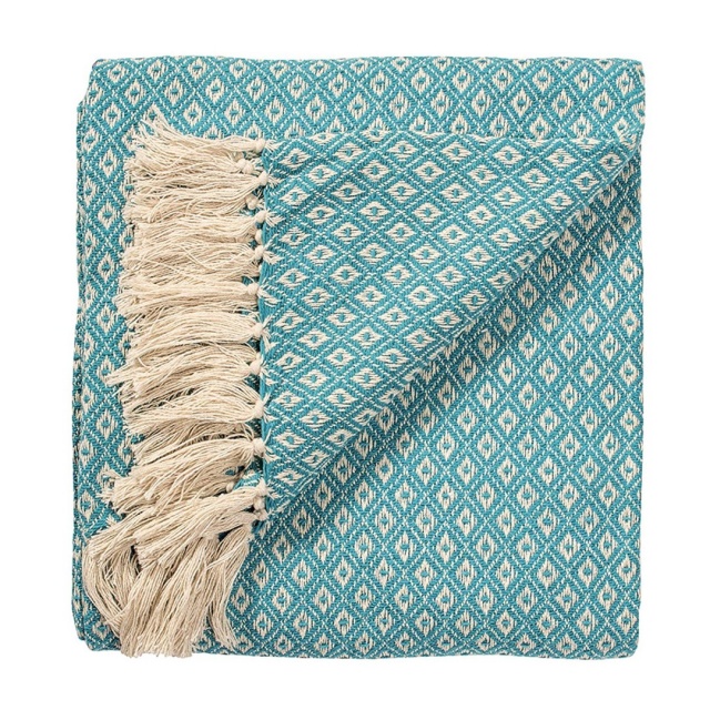Turquoise Diamond Weave Soft Cotton Handloom Blanket Throw 180cm x 130cm.