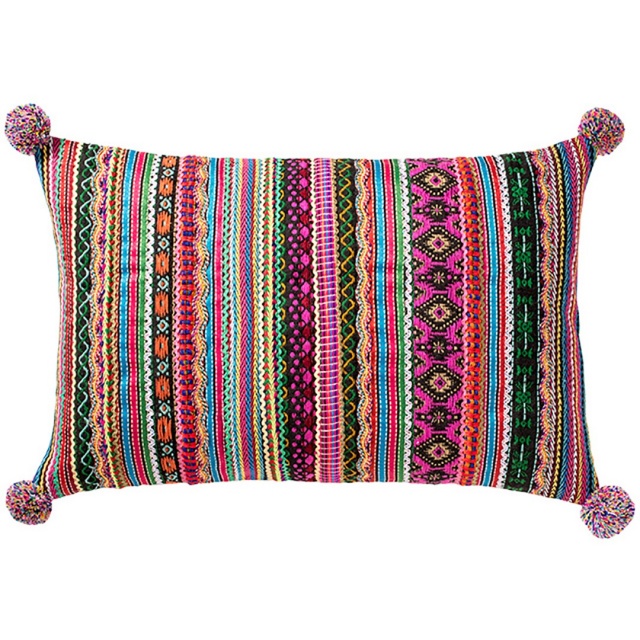 Durry Stripe Cushion  with Lace & Pom Poms