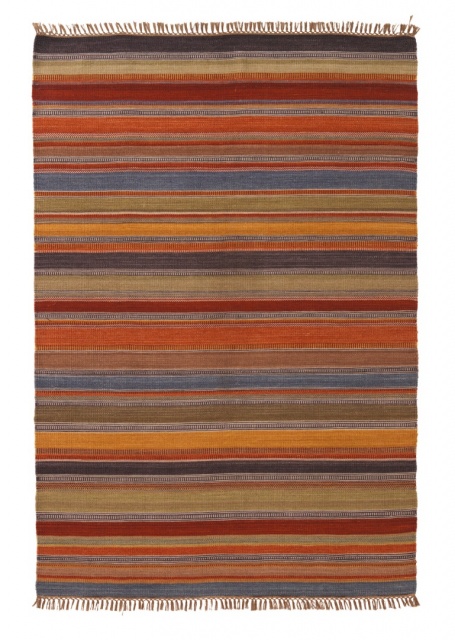 Natural Wool & Cotton Fairtrade Multi-Colour Stripe Ooty Kilim Rug with Tassled Ends 4 Sizes