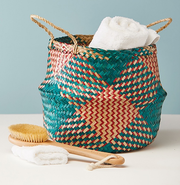 Large Check Pattern Seagrass Basket Teal/Red