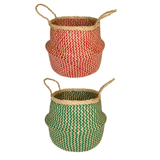 Large Zig-Zag Design Seagrass Weave Storage Basket Teal/Red