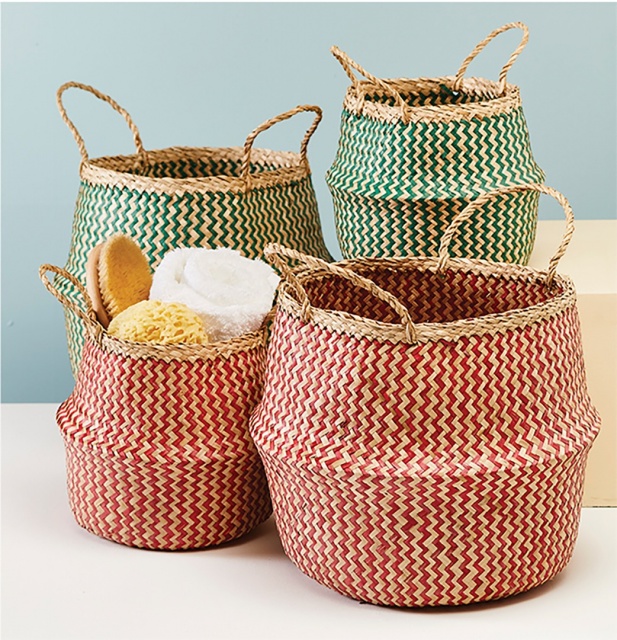 Small Zig-Zag Design Seagrass Weave Storage Basket Teal/Red