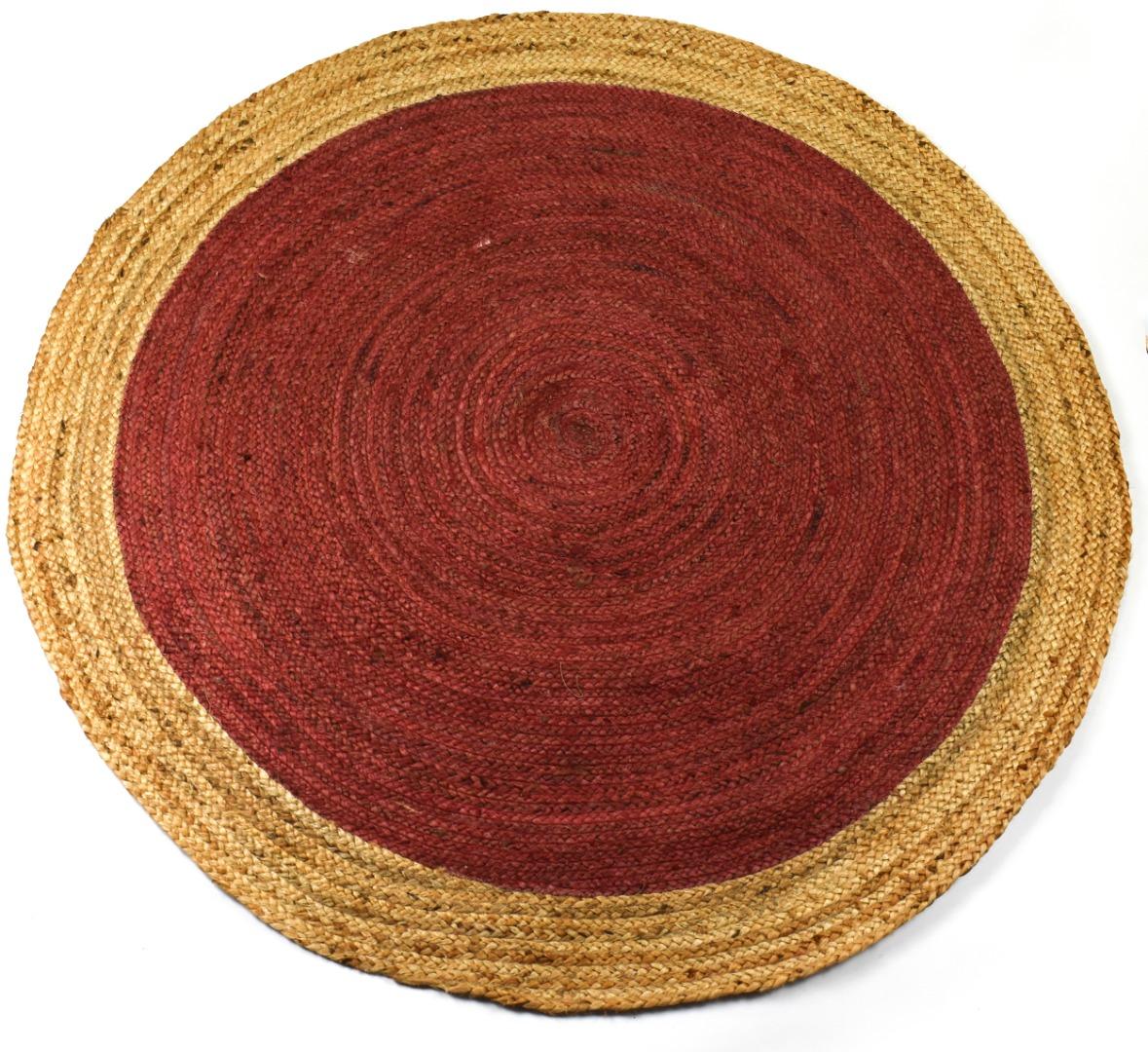 terracotta (Pink / Red) Coloured Jute Round Rug With Natural Border 3 Sizes Fair Trade GoodWeave