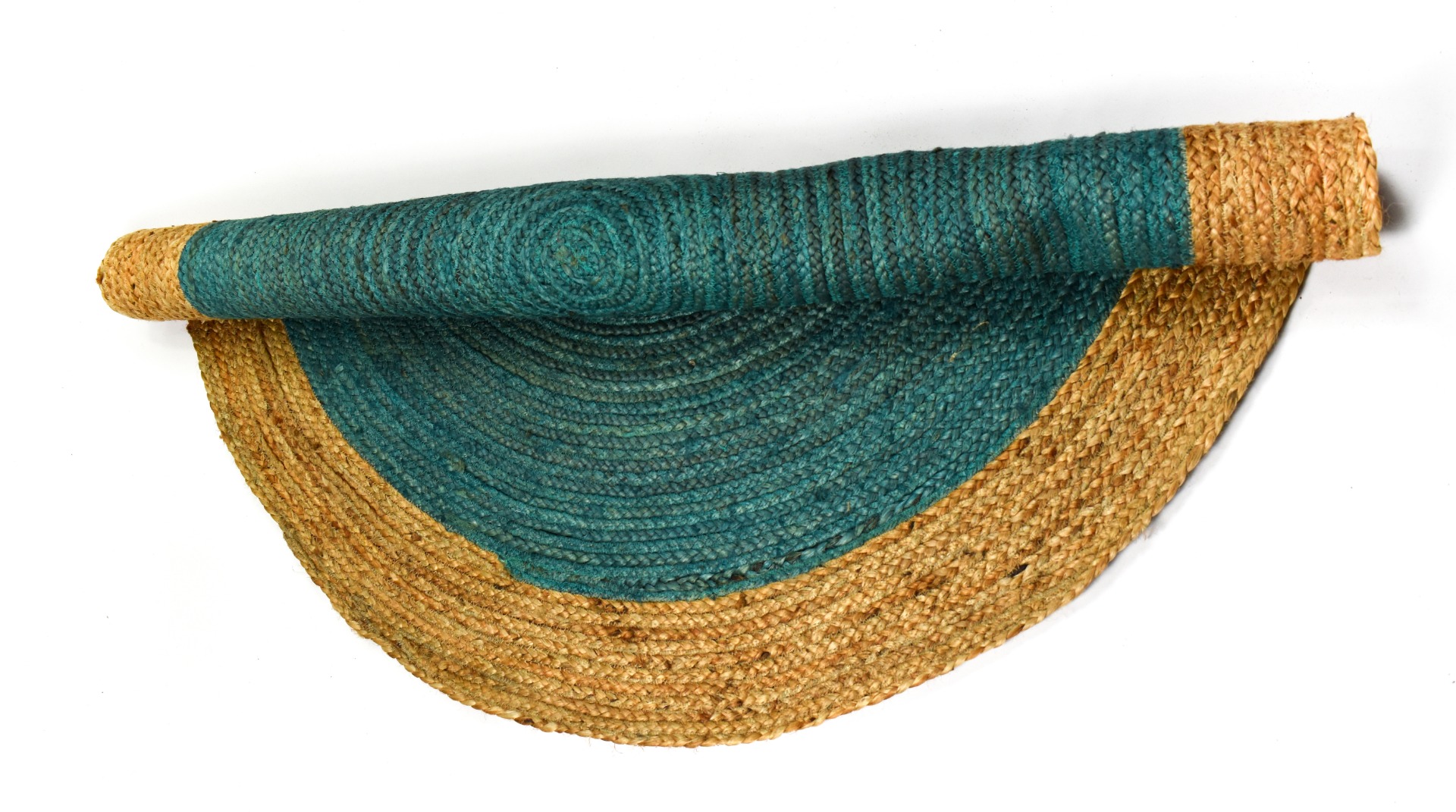 Turquoise Coloured Jute Round Rug With Natural Border 3 Sizes Fair Trade GoodWeave