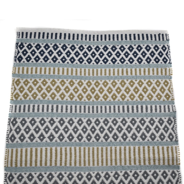 Navy, Tan, Grey Aztec patterned Rug with Duck Egg Blue stripe Size: 70cm x 120cm