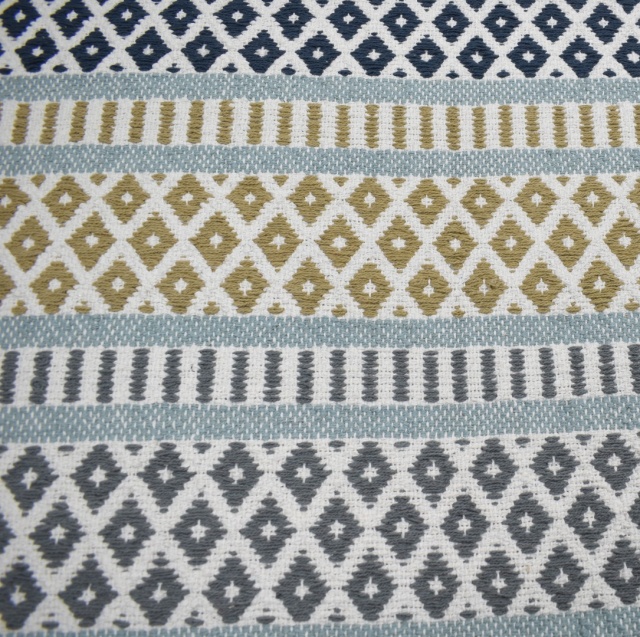 Navy, Tan, Grey Aztec patterned Rug with Duck Egg Blue stripe Size: 70cm x 120cm