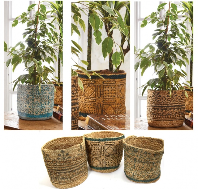 Hand braided tribal look block print storage basket or plant pot in 3 designs