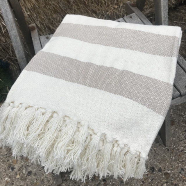 Cream and fawn striped throw or blanket, 100% cotton 150cm x 130cm