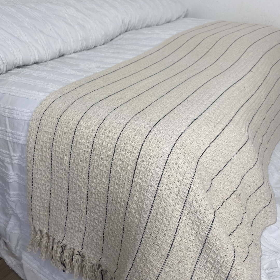 Natural Bedspread throw with fine stripe in 5 colour options, 100% cotton, 150cm x 130cm