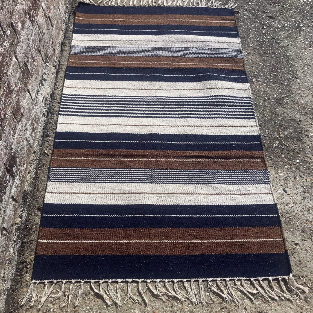 Navy, Brown and Cream  recycled cotton rug tasselled edges, 150cm x 90cm