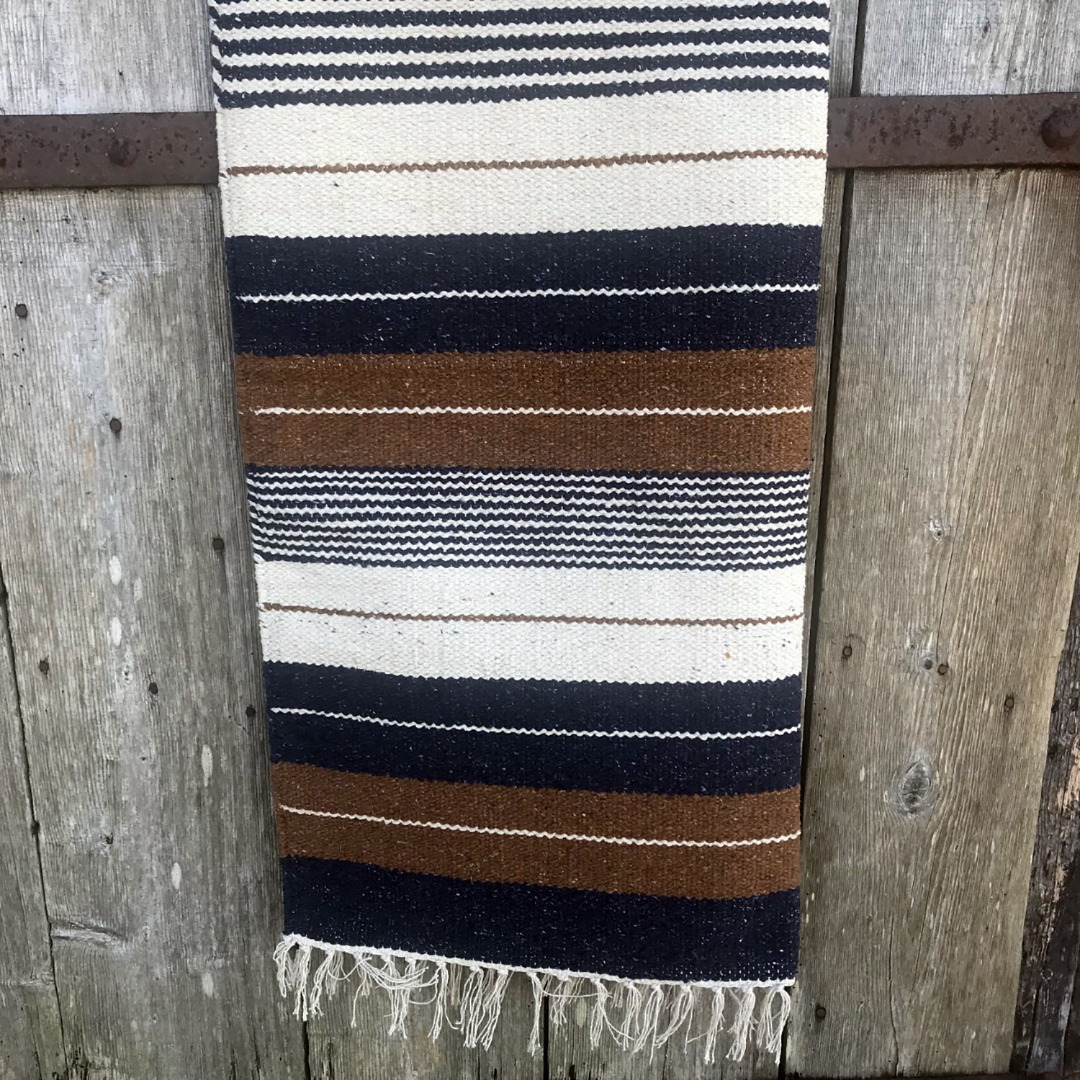 Navy, Brown and Cream  recycled cotton rug tasselled edges, 150cm x 90cm