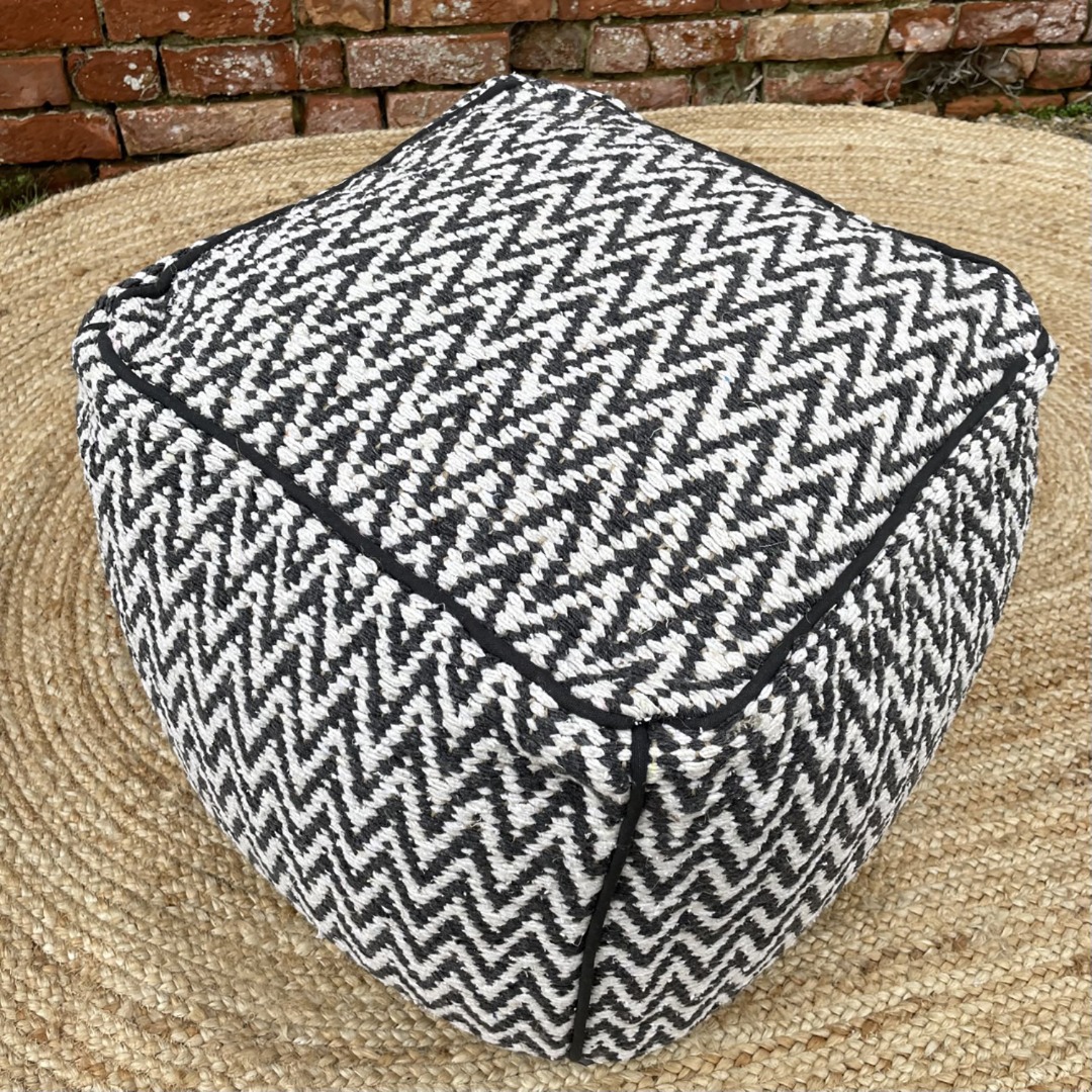 Dark grey & off-white bold chevron or zig-zag design jute and recycled cotton pouffe or foot stool.