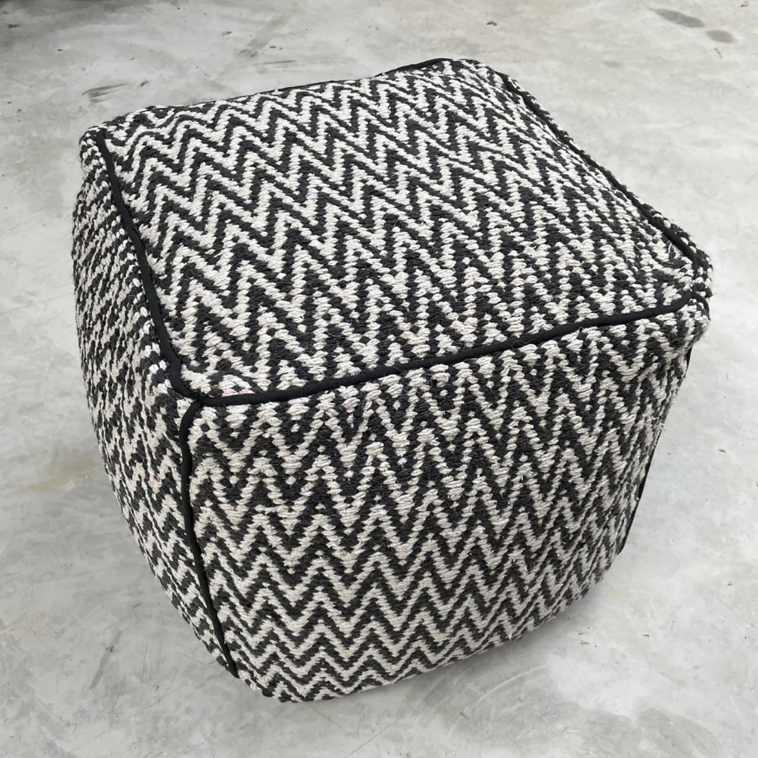 Dark grey & off-white bold chevron or zig-zag design jute and recycled cotton pouffe or foot stool.