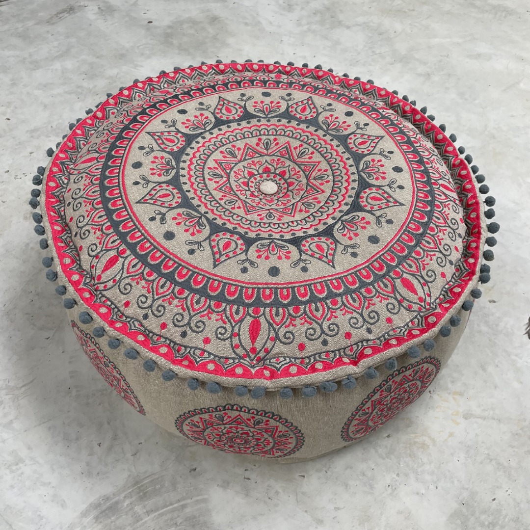 Pink and grey-blue mandala patterned pouffe or low seat with pretty mini pom-pom trim