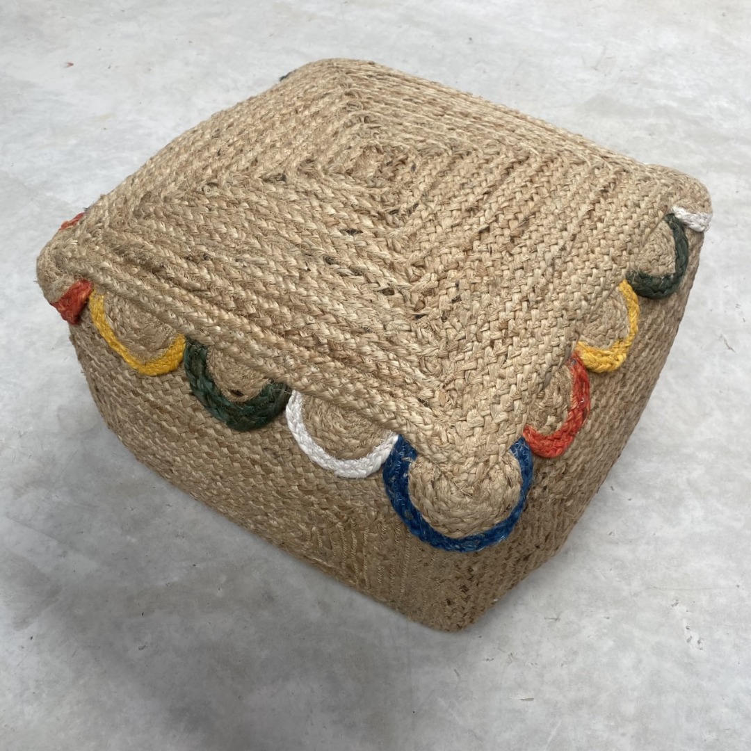 Square Jute pouffe footstool with colourful scallop edge  30cm x 30cm x 50cm