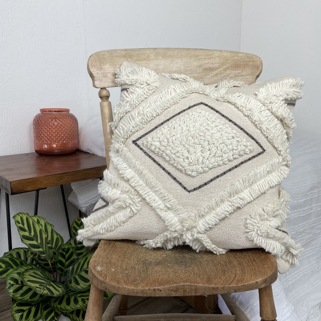Textured Cream square cotton and wool cushion with black accent stitching 50cm x 50cm