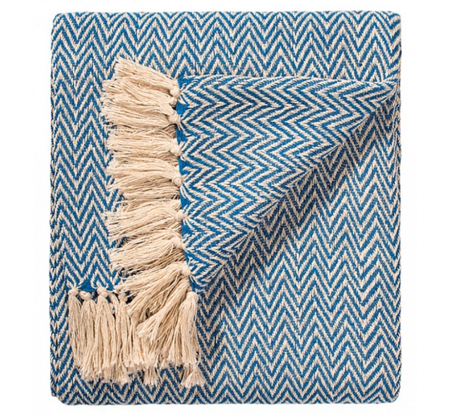 Blue Chevron Soft Cotton Handloom Blanket Throw 150cm x 125cm
