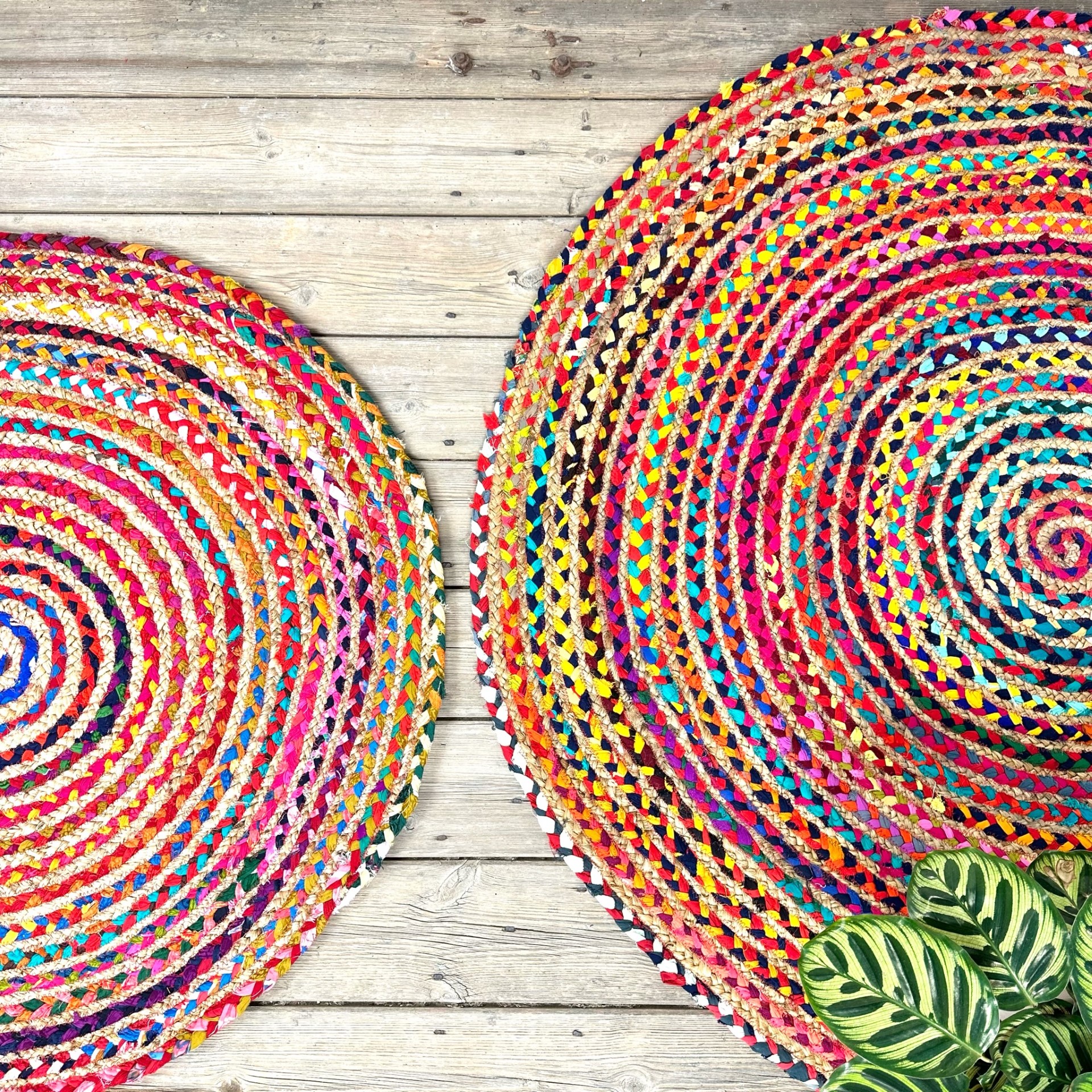 Round MultiColoured Cotton and Jute Braided Rag Rug Recycled Materials