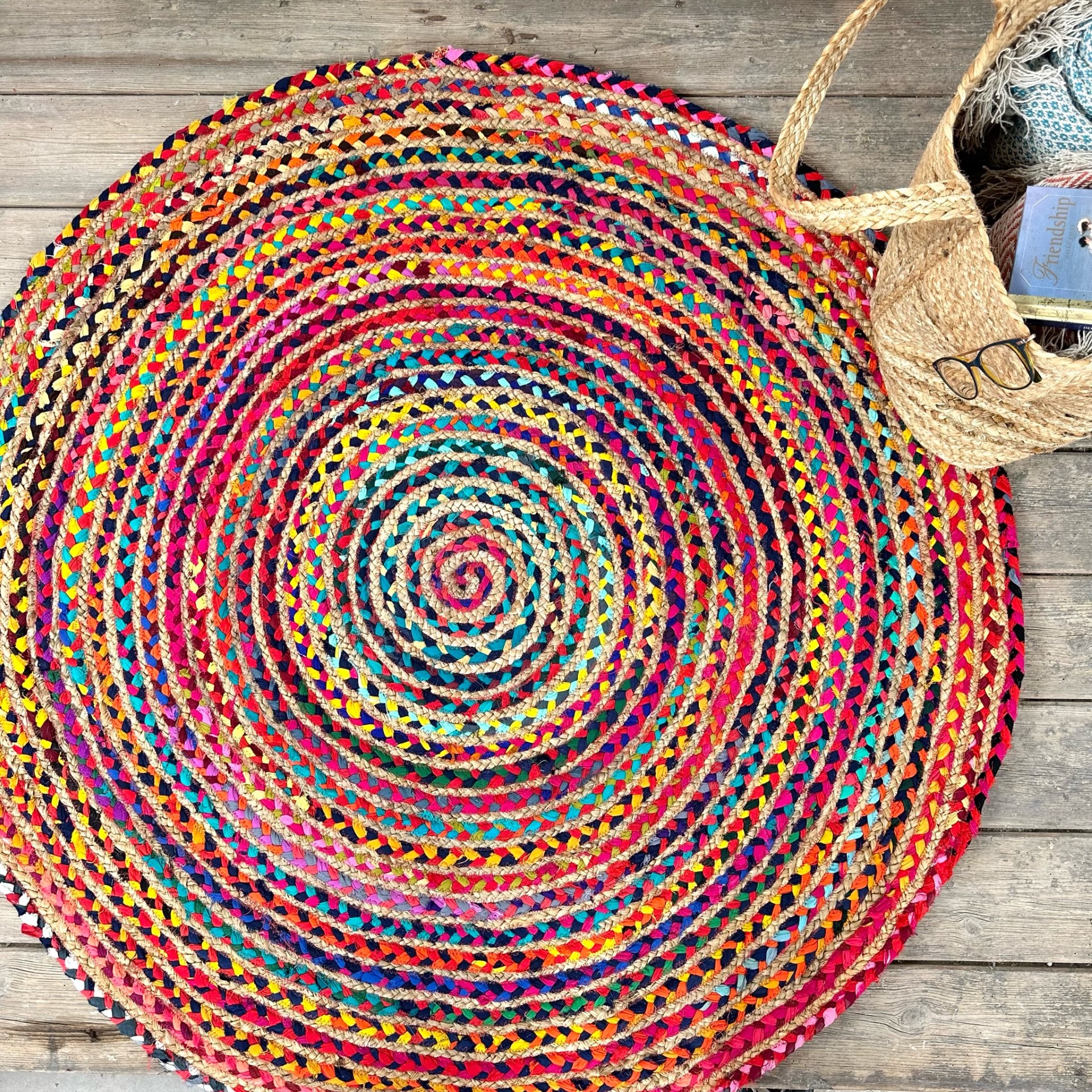 Round MultiColoured Cotton and Jute Braided Rag Rug Recycled Materials