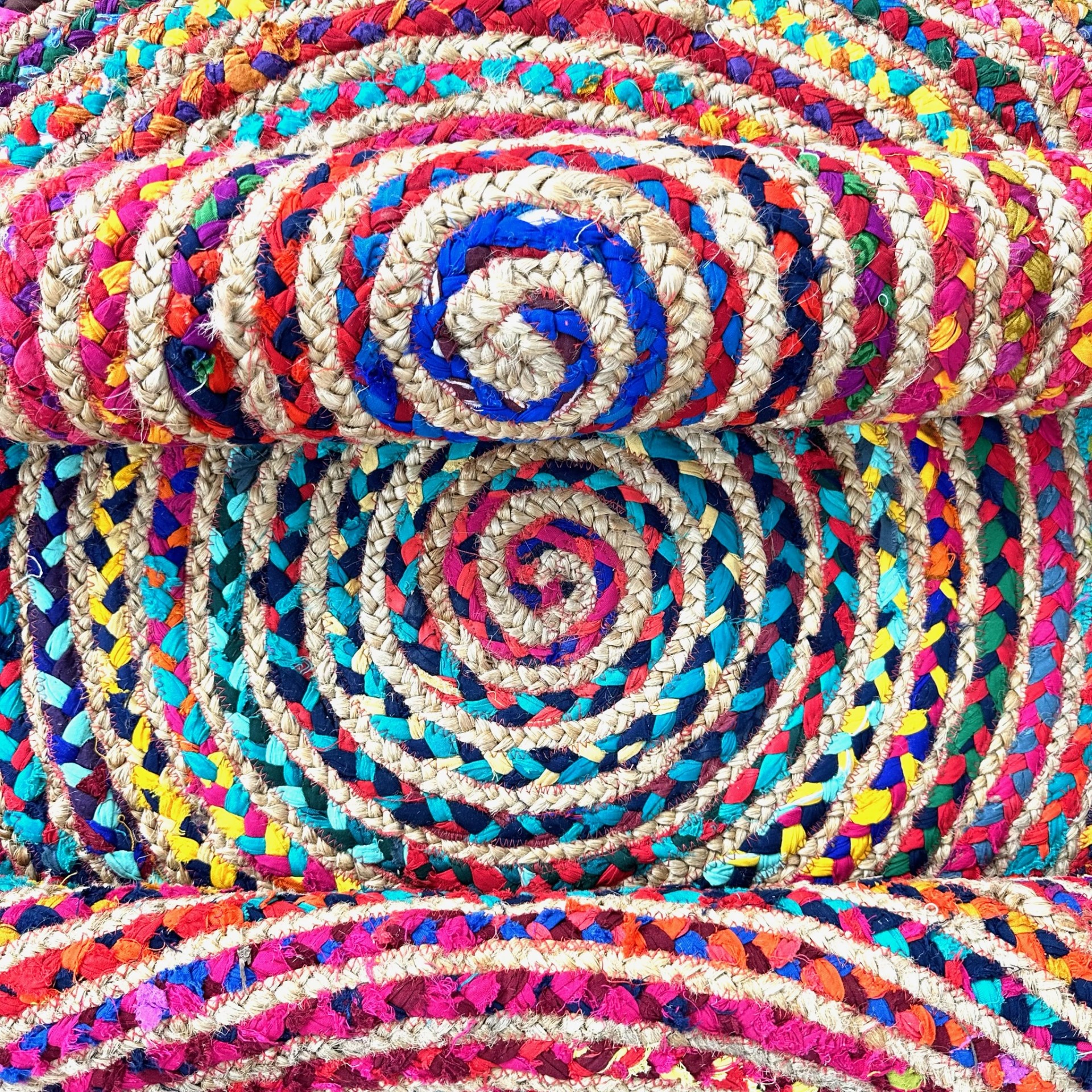Round MultiColoured Cotton and Jute Braided Rag Rug Recycled Materials