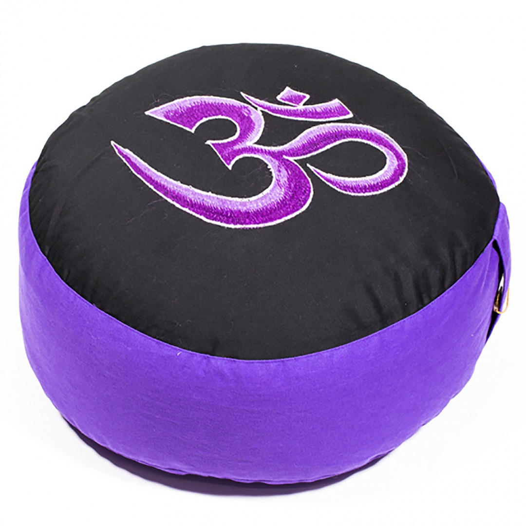 Round Meditation Black and Purple Ohm Cushion    Dimensions: 33cm x 17cm
