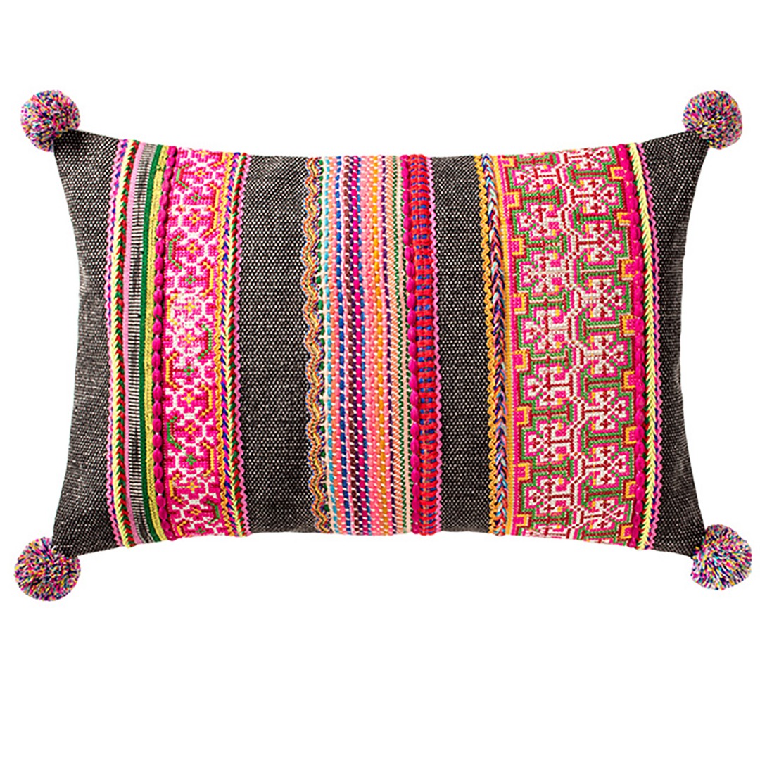 Durry Stripe Cushion  with Lace & Pom Poms