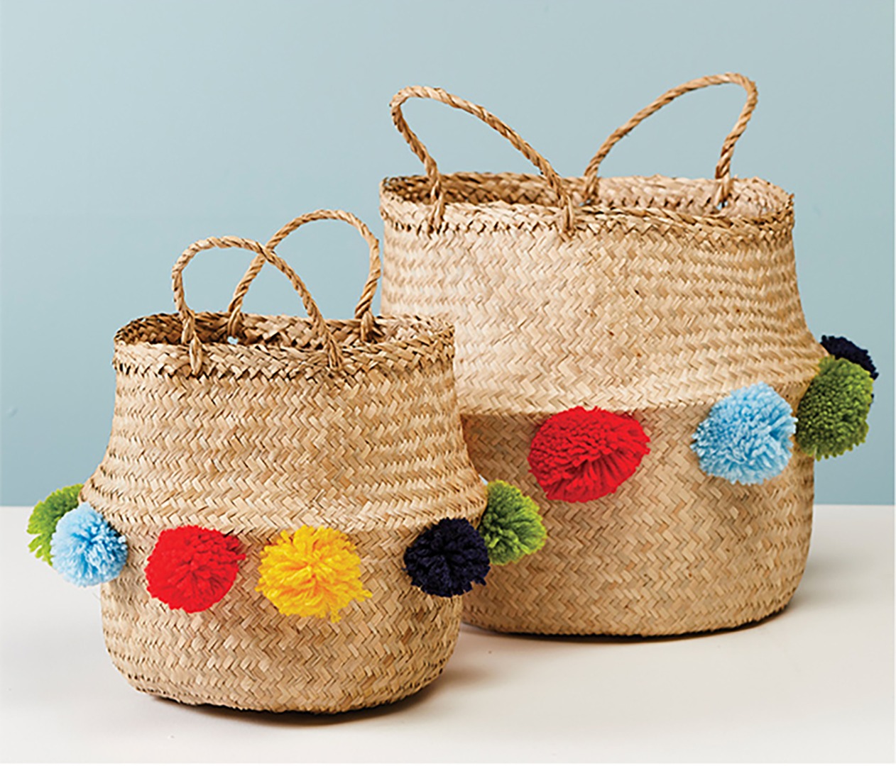 Natural Seagrass Basket with Giant Pom-Pom edging  2 sizes
