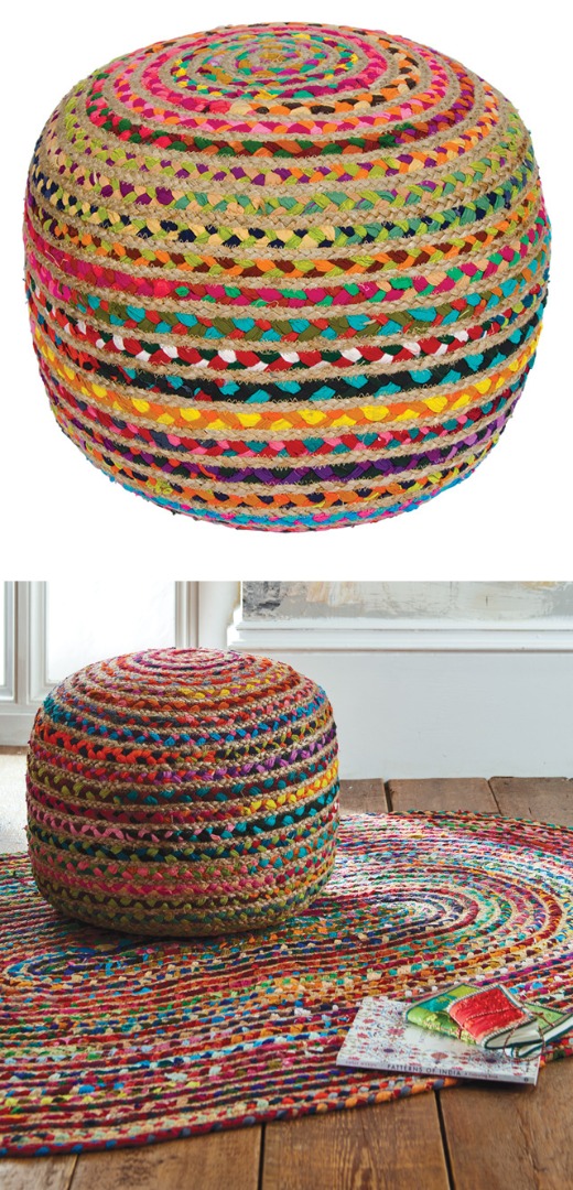 Traditional Handloomed Cotton Chindi and Jute Pouffe, Foot Stool Seat