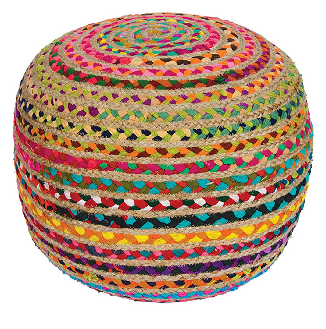 Traditional Handloomed Cotton Chindi and Jute Pouffe, Foot Stool Seat