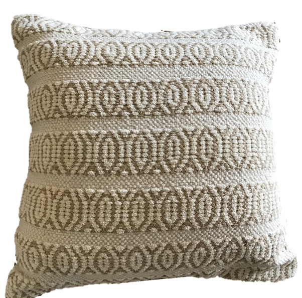 Square, neutral tone cushion with textured, patterned front