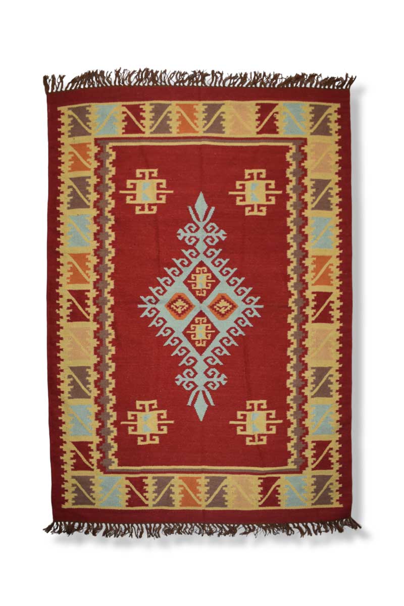 Dark Red with Pale Blue and Cream Tones Large Wool Kilim Rug 140cm x 200cm