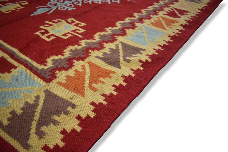 Dark Red with Pale Blue and Cream Tones Large Wool Kilim Rug 140cm x 200cm