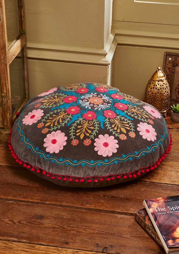 Ahyana Embroidered Velvet Filled Floor Cushion/Pouffe