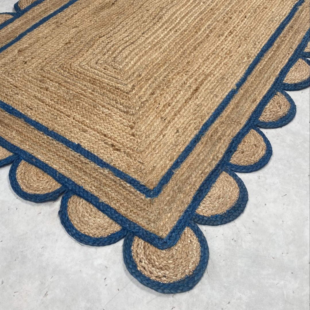 Rectangle Jute rugs with scallop edge and coloured frame 120cm x 180cm