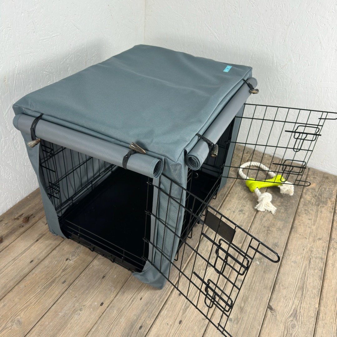 View of Grey Waterproof Dog Cage Crate Travel Covers Made In The UK