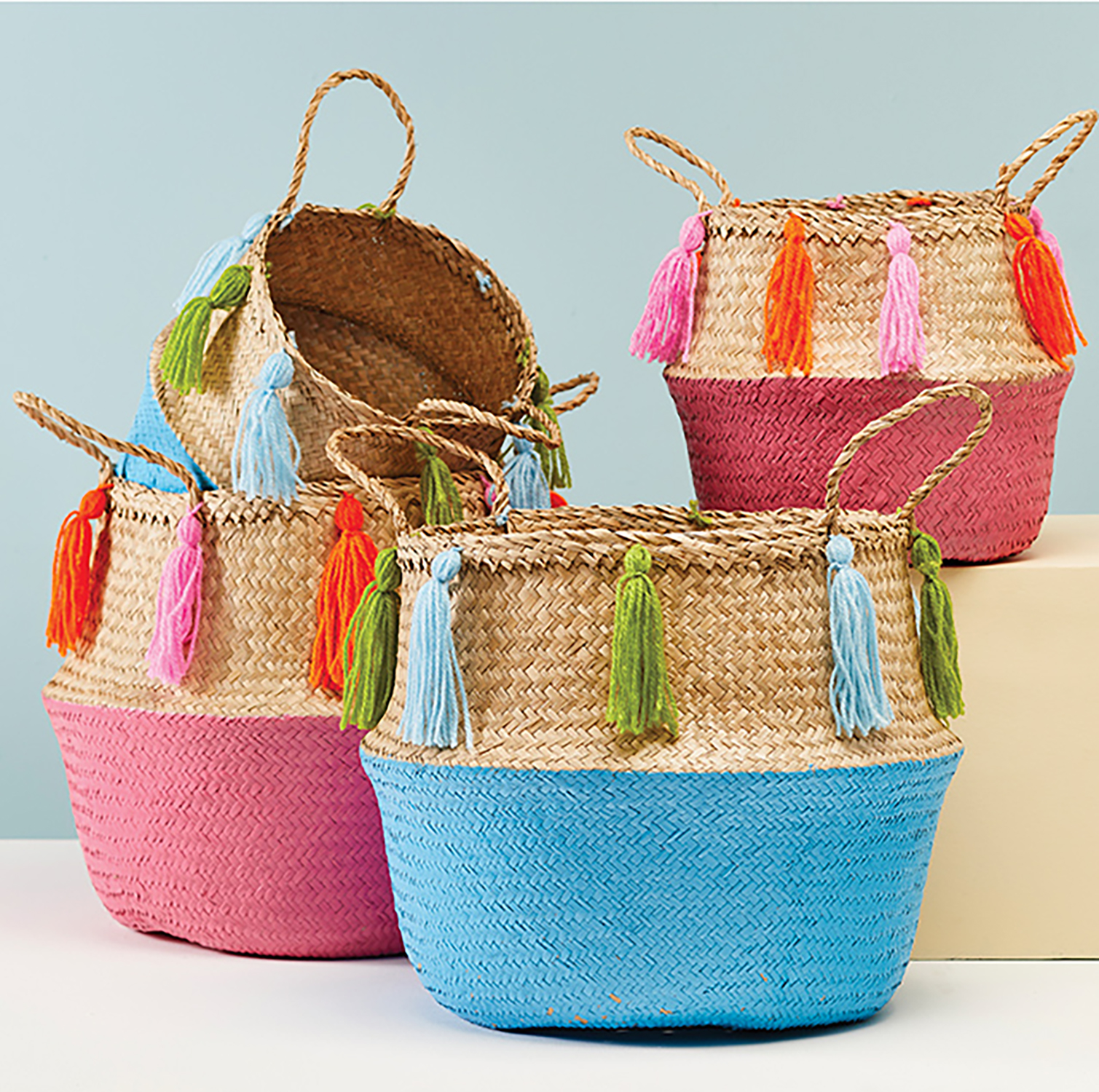 Soul Destiny Multi-colour Check-Pattern Natural Seagrass Basket 2 Sizes 
