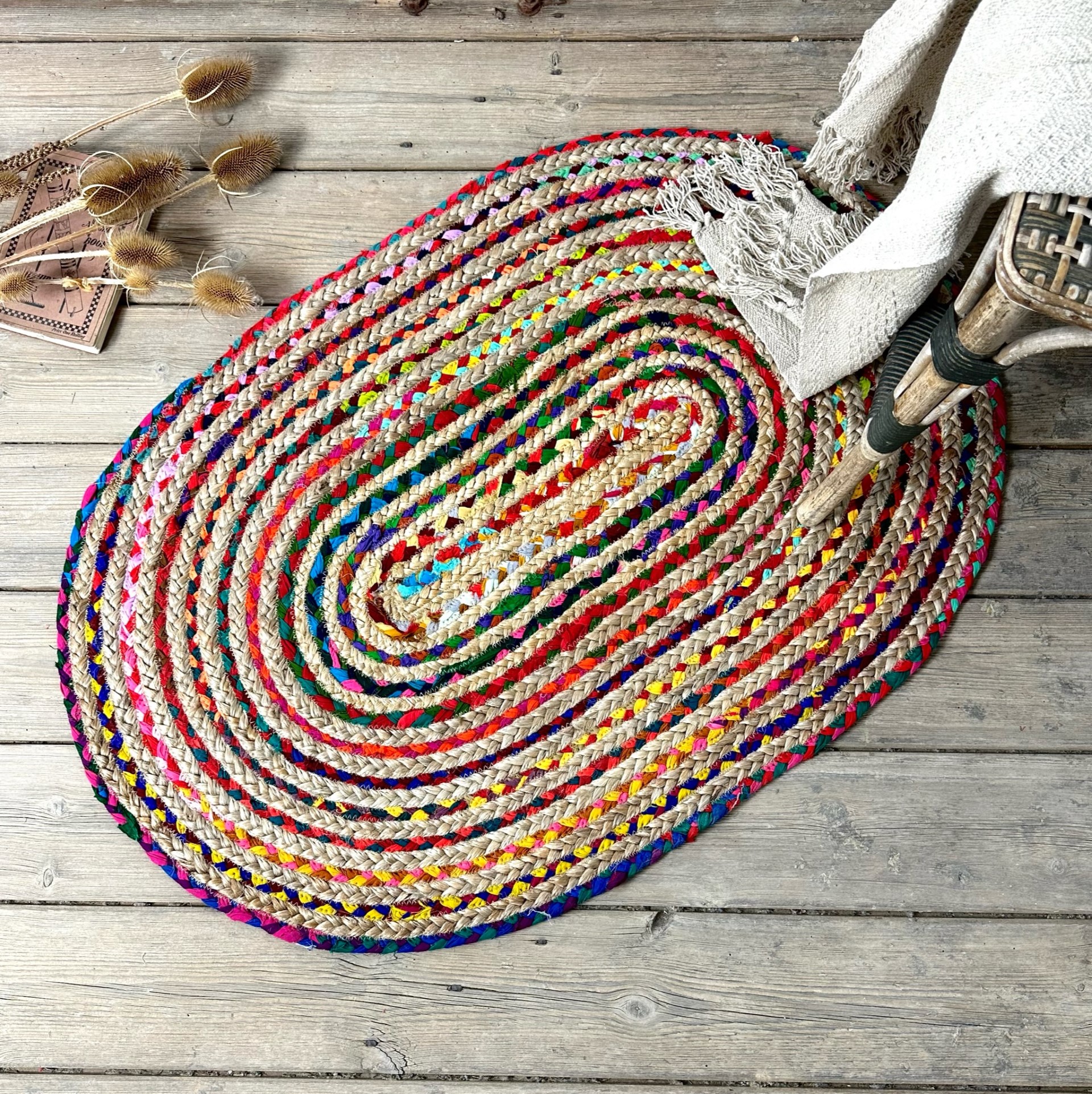 Colourful and hard wearing chindi cotton and jute oval rug for home ...