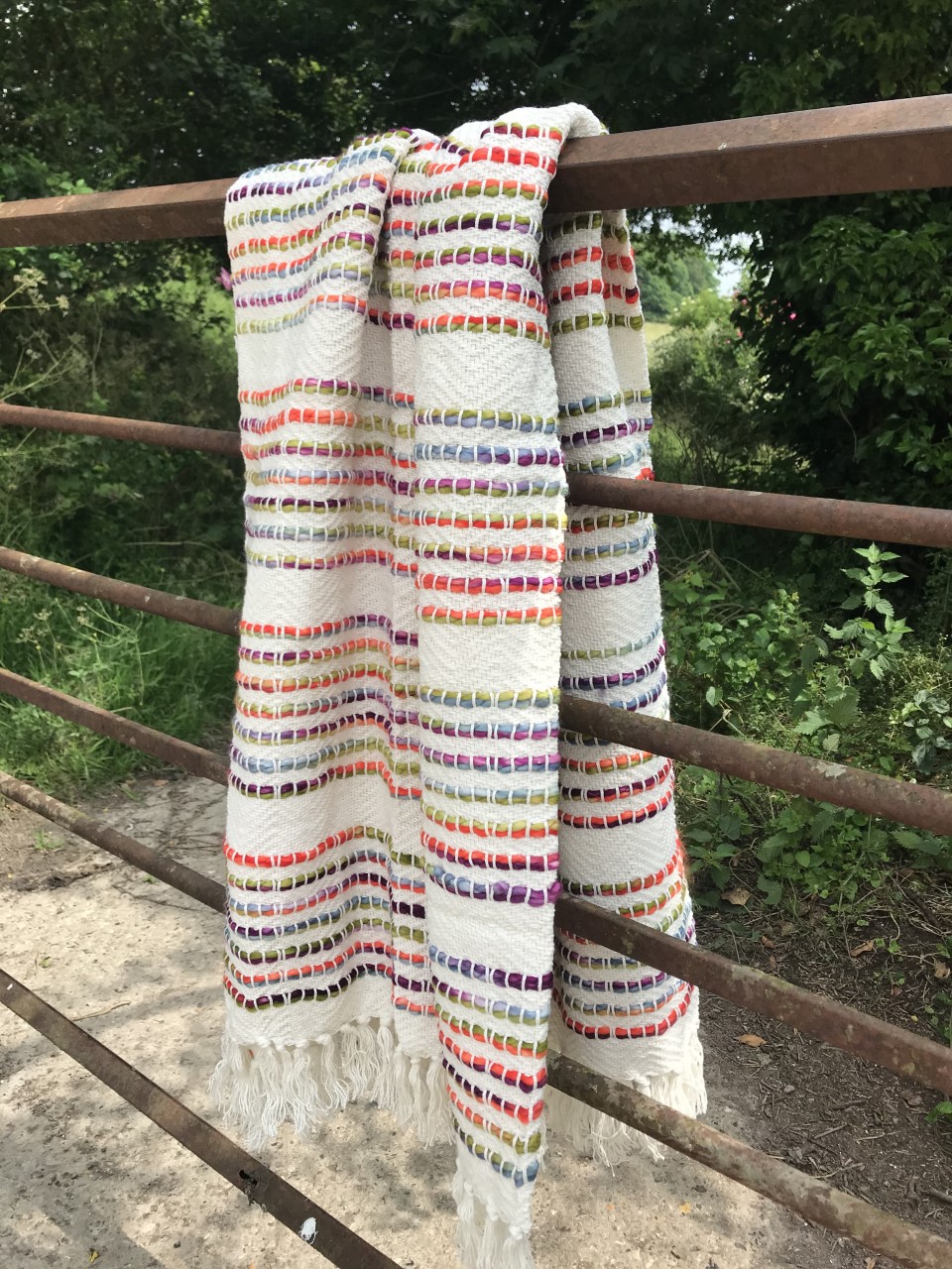 Rainbow White and Bright Multi Coloured Cotton Handloom Blanket Throw  Made in India  150cm x 125cm