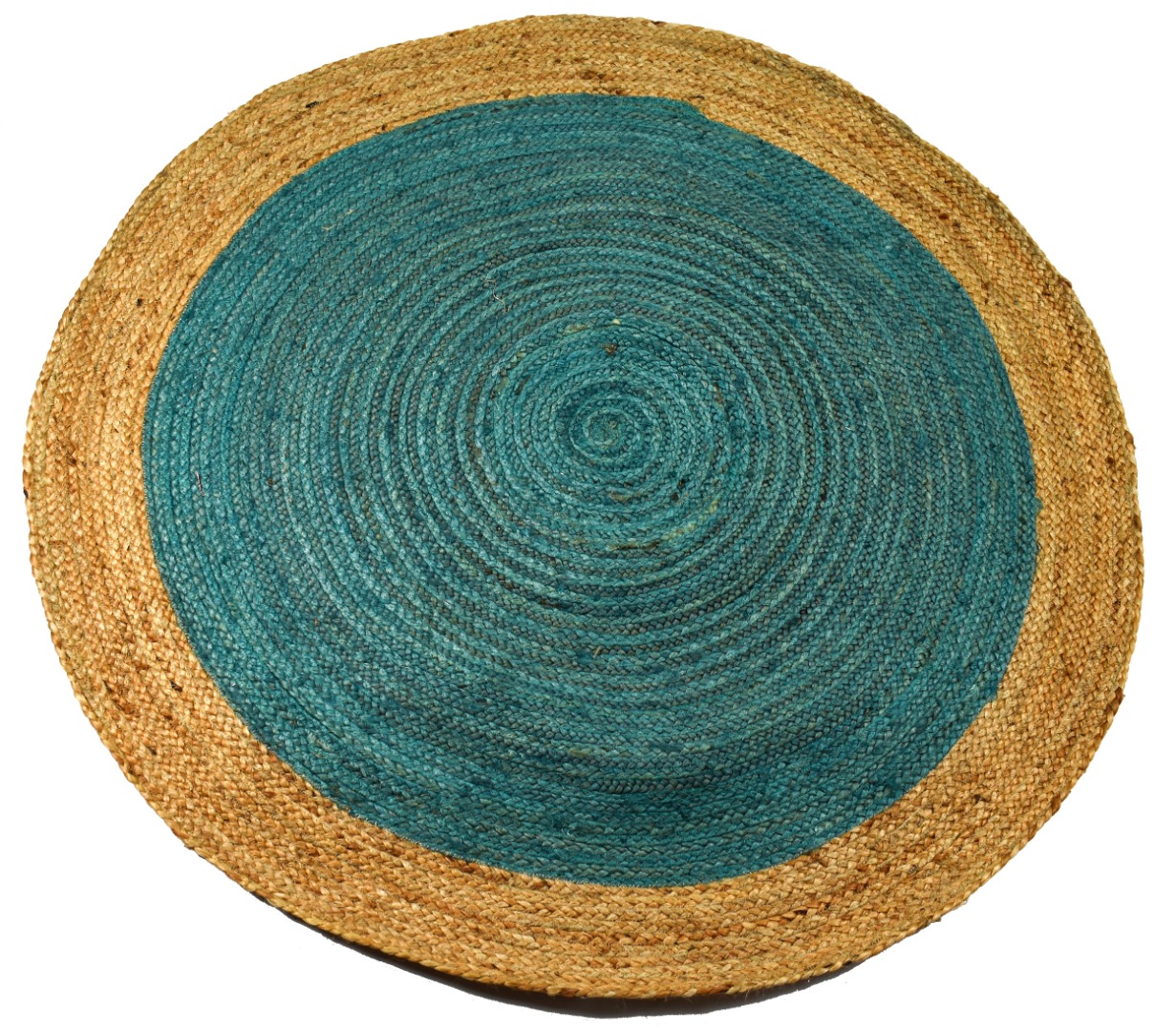 Turquoise Coloured Jute Round Rug With Natural Border 3 Sizes Fair Trade GoodWeave