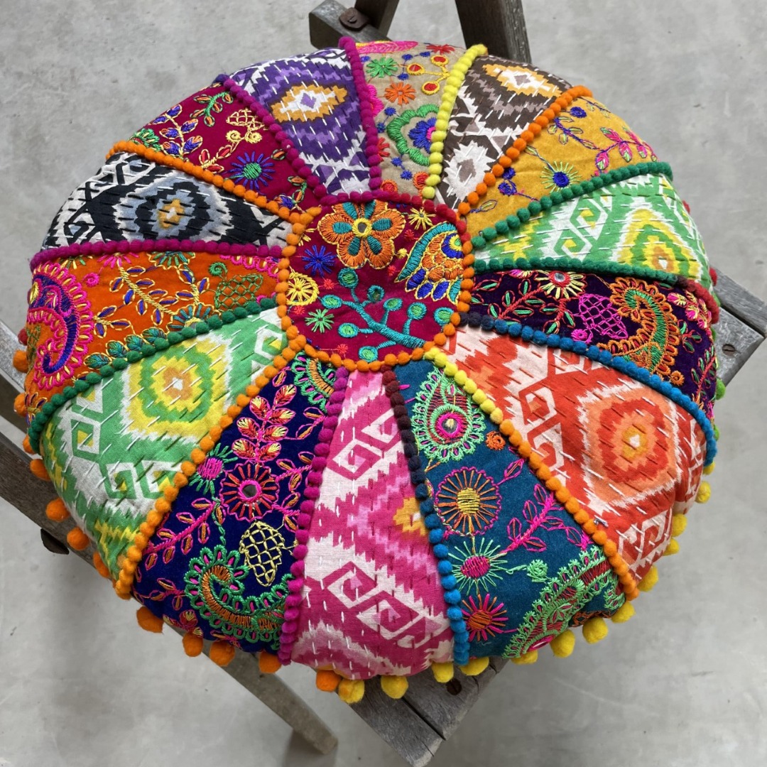 Multi-coloured Yoga cushion, pillow or pad with patch embroidered detail and pom-pom edging