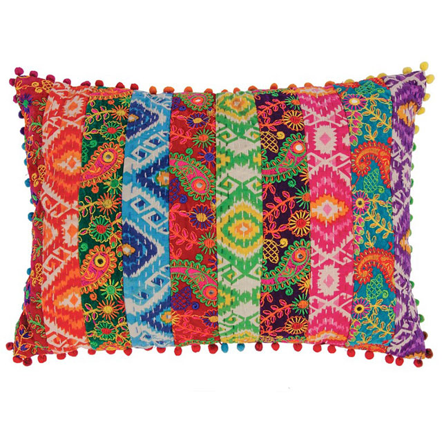 Multi-coloured oblong Rectangle cushion with patch embroidered detail and pom-pom edging.