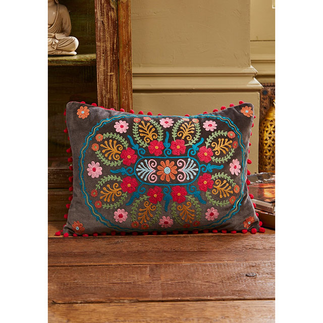 Ahyana Embroidered Velvet Cushion with Inner, Pom Poms 35 x 50cm