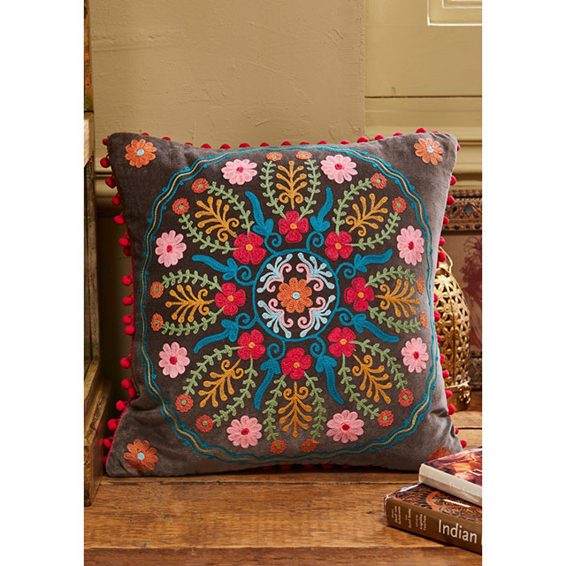 Ahyana Embroidered Velvet Cushion With Inner, Pom Poms 45cm x 45cm
