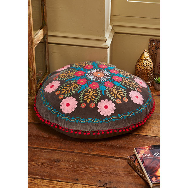 Ahyana Embroidered Velvet Filled Floor Cushion/Pouffe