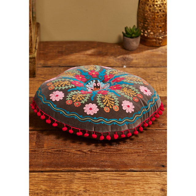 Ahyana Embroidered Velvet Filled Round Cushion