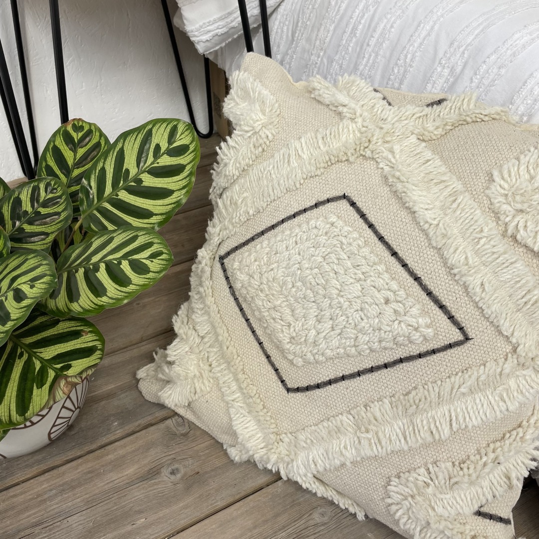 Textured Cream square cotton and wool cushion with black accent stitching 50cm x 50cm