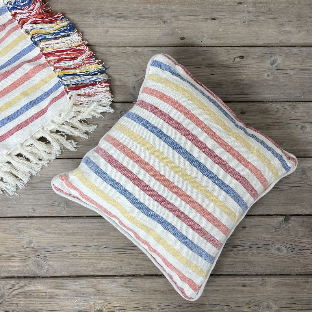 Square striped multi-coloured cotton cushion 40cm x 40cm