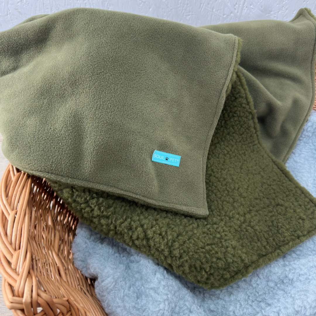 SoulPet Plush Country Green Fleece Dog Blanket with Sherpa Fleece Back in 3 sizes.